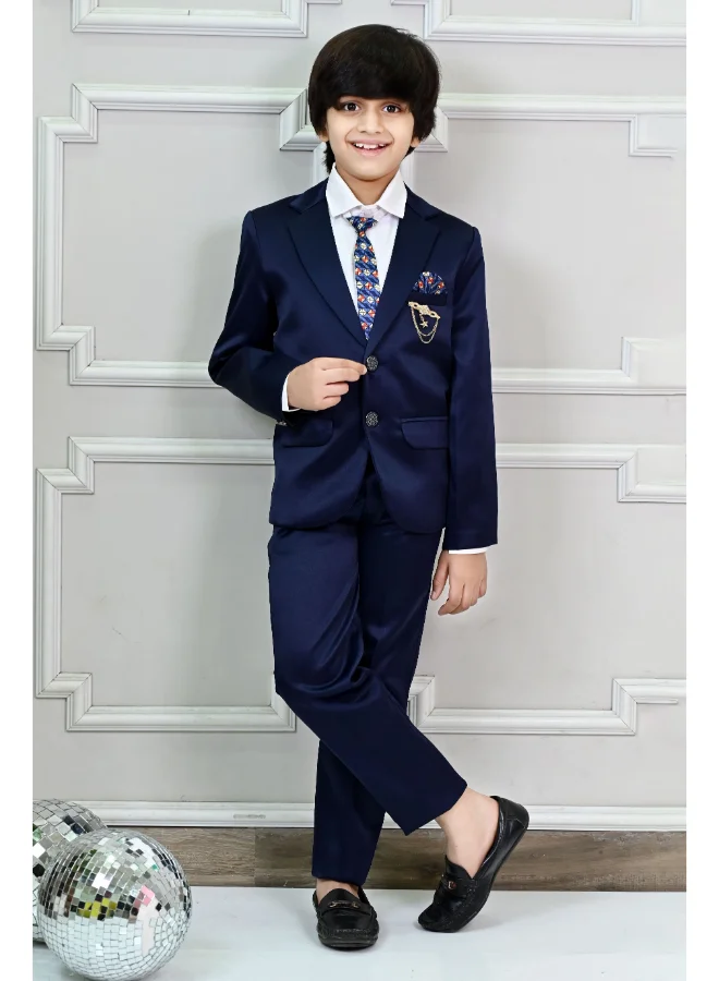 BT DEZINES Boys Dark Blue Satin 4 Piece Suit Set