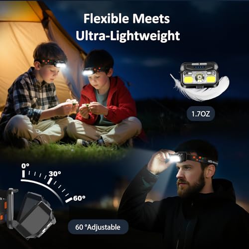 LHKNL Headlamp Rechargeable, Lumen Super Bright Motion Sensor Head Lamp Flashlight,2-Pack Waterproof LED Headlight with White Red Light,8 Modes Head Lights for Camping Cycling Running Fishing - Image 5