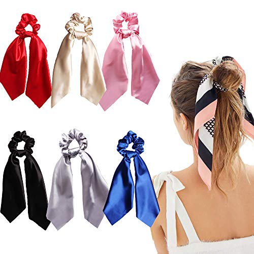 DINPREY 6Pcs Ribbon Scrunchie For Woman,Solid Colors Elastic Hair Bands Hair Scarf,Bow Hair Tie,Vintage Hair Accessories Ropes Ponytail Holder Scrunchy Ties for Women Girls (6 Colors Pack A) - Image 1