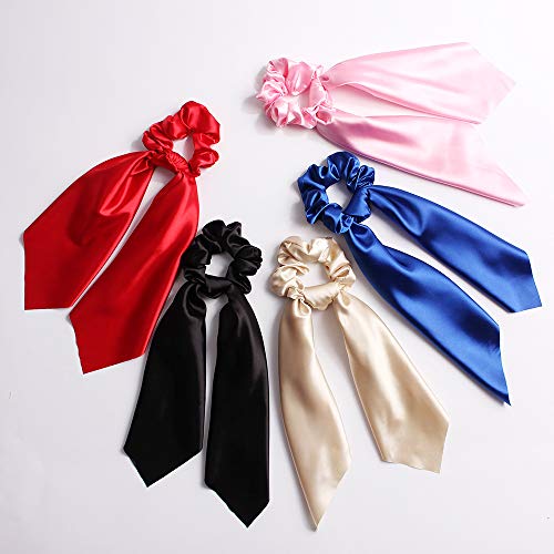 DINPREY 6Pcs Ribbon Scrunchie For Woman,Solid Colors Elastic Hair Bands Hair Scarf,Bow Hair Tie,Vintage Hair Accessories Ropes Ponytail Holder Scrunchy Ties for Women Girls (6 Colors Pack A) - Image 3