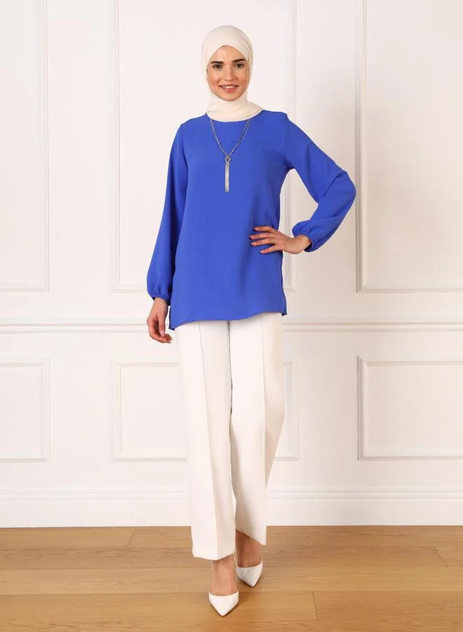 Refka by modanisa Refka by modanisa Blue Solid Round Neck Longline Blouse