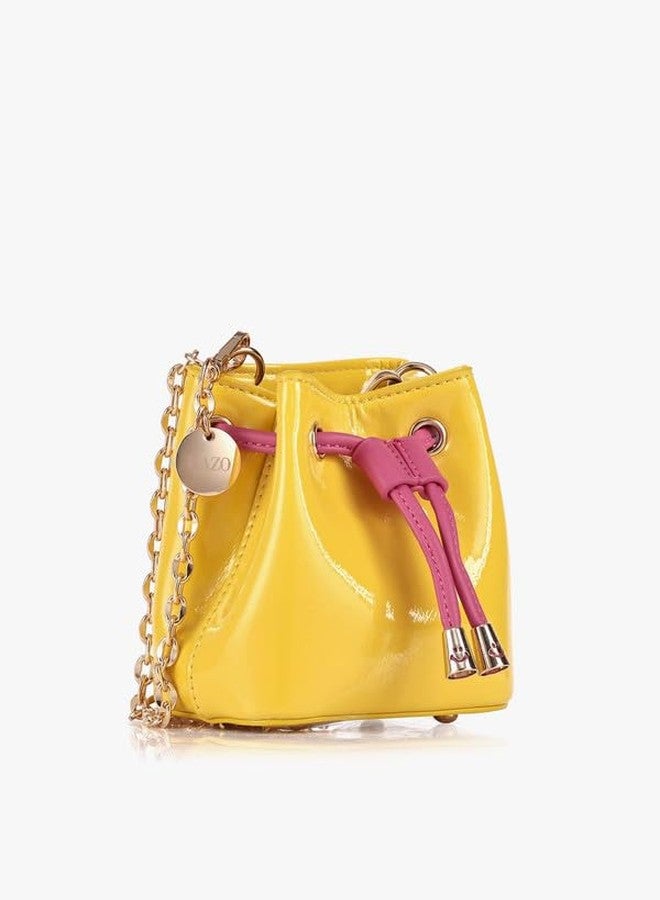 Kazo Women’s Patent Leather Bucket Bag with Chain Strap, Drawstring Closure, Small Crossbody Shoulder Purse | Yellow & Pink - Image 4