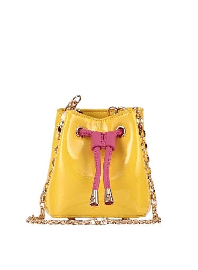 Kazo Women’s Patent Leather Bucket Bag with Chain Strap, Drawstring Closure, Small Crossbody Shoulder Purse | Yellow & Pink - Image 1