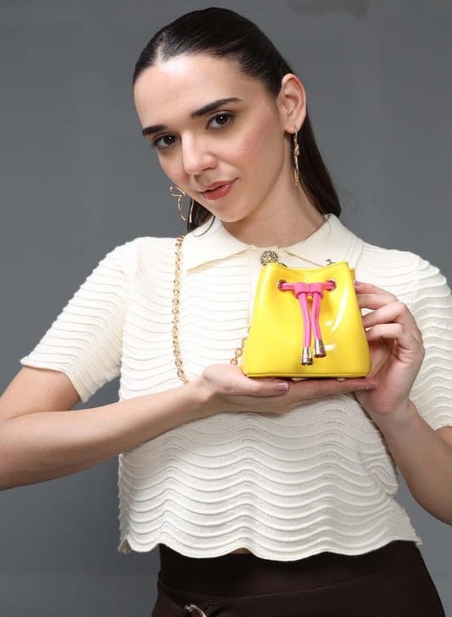 Kazo Women’s Patent Leather Bucket Bag with Chain Strap, Drawstring Closure, Small Crossbody Shoulder Purse | Yellow & Pink - Image 2