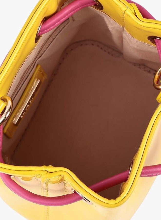 Kazo Women’s Patent Leather Bucket Bag with Chain Strap, Drawstring Closure, Small Crossbody Shoulder Purse | Yellow & Pink - Image 5