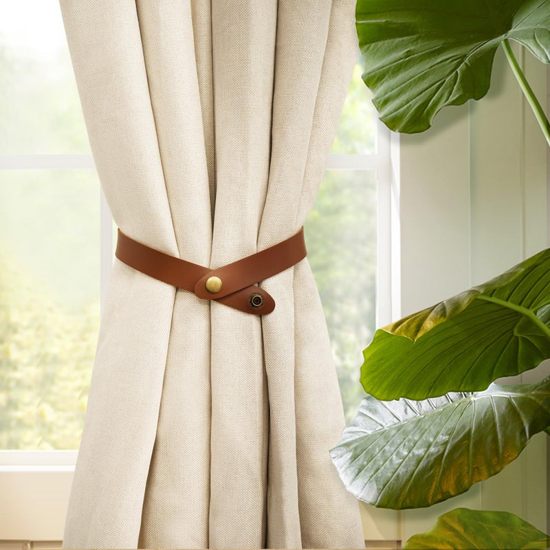Home Queen PU Leather Curtain Tiebacks, Modern Faux Leather Curtain Straps with Adjustable Buttons, No Drill Holdbacks for Bedroom, Living Room, Hotel, Office, Set of 2,Chocolate - Image 3