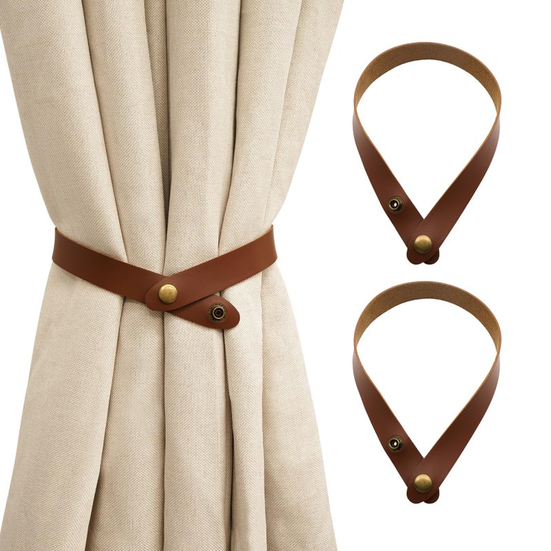 Home Queen PU Leather Curtain Tiebacks, Modern Faux Leather Curtain Straps with Adjustable Buttons, No Drill Holdbacks for Bedroom, Living Room, Hotel, Office, Set of 2,Chocolate - Image 1