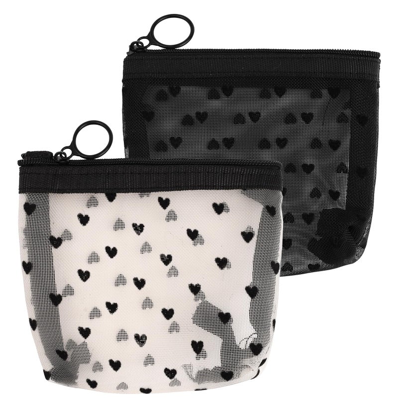 LUSTRIB 2 Pcs Mesh Makeup Bag with Zipper, Cute Heart Printed Pattern Mesh Cosmetic Bag, Mini Travel Organizer Bags for Women, Lipstick Cosmetic Organizer Bag, Travel Pouch (Black, White) - Image 1