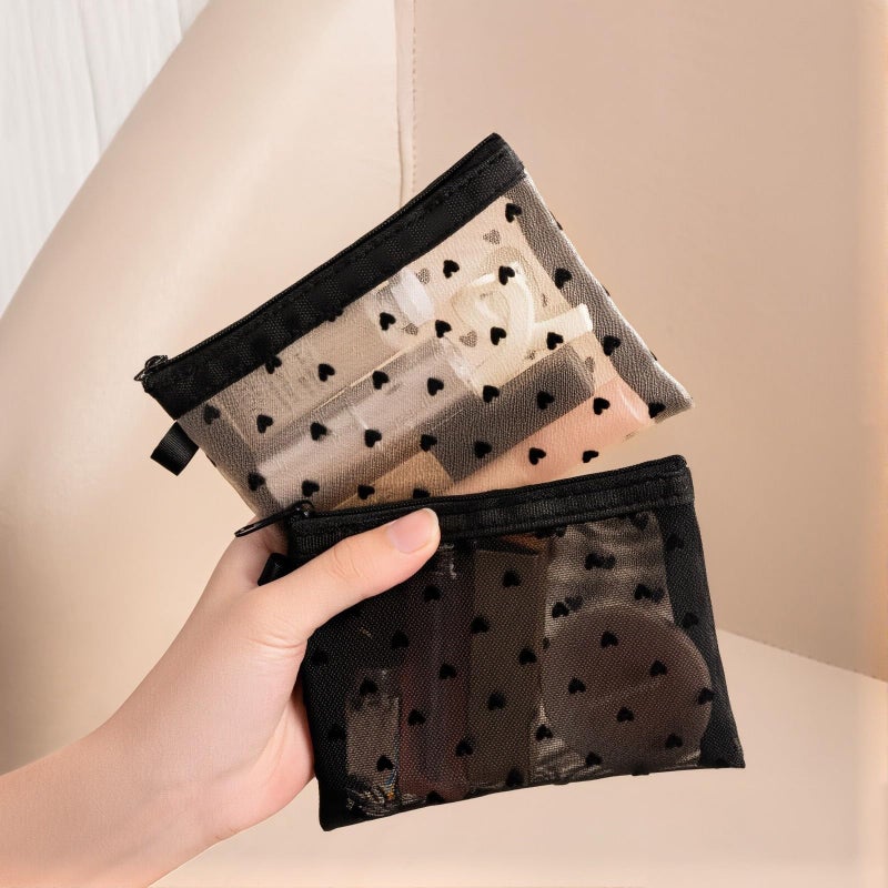 LUSTRIB 2 Pcs Mesh Makeup Bag with Zipper, Cute Heart Printed Pattern Mesh Cosmetic Bag, Mini Travel Organizer Bags for Women, Lipstick Cosmetic Organizer Bag, Travel Pouch (Black, White) - Image 5