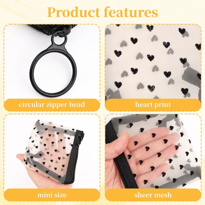 LUSTRIB 2 Pcs Mesh Makeup Bag with Zipper, Cute Heart Printed Pattern Mesh Cosmetic Bag, Mini Travel Organizer Bags for Women, Lipstick Cosmetic Organizer Bag, Travel Pouch (Black, White) - Image 4