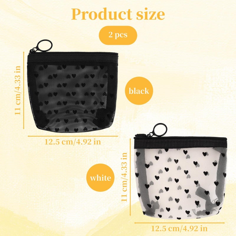 LUSTRIB 2 Pcs Mesh Makeup Bag with Zipper, Cute Heart Printed Pattern Mesh Cosmetic Bag, Mini Travel Organizer Bags for Women, Lipstick Cosmetic Organizer Bag, Travel Pouch (Black, White) - Image 2