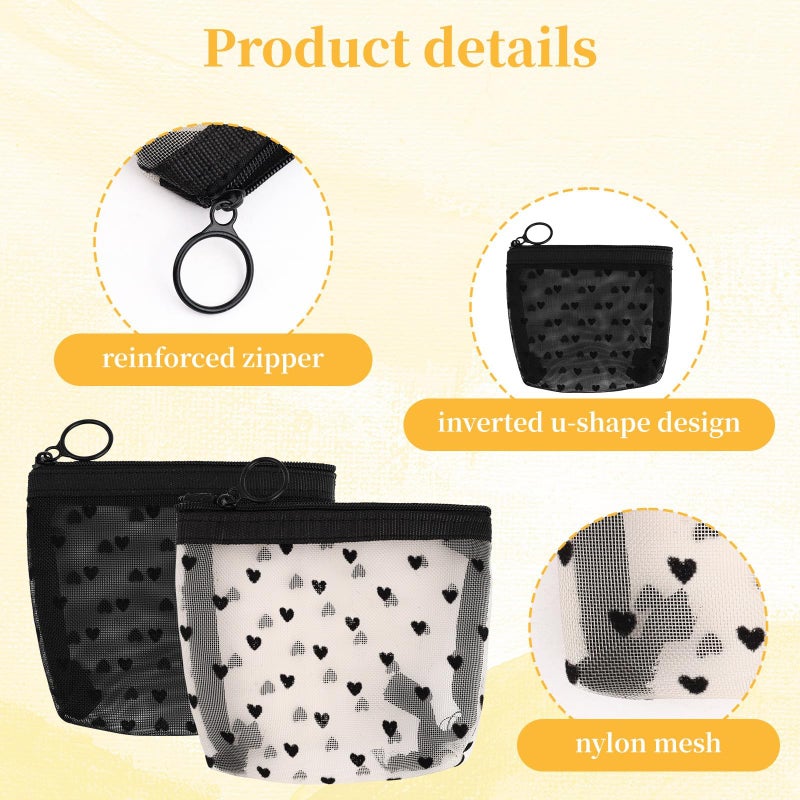 LUSTRIB 2 Pcs Mesh Makeup Bag with Zipper, Cute Heart Printed Pattern Mesh Cosmetic Bag, Mini Travel Organizer Bags for Women, Lipstick Cosmetic Organizer Bag, Travel Pouch (Black, White) - Image 3