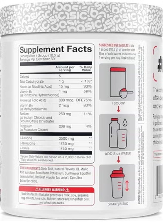 Basic Supplement BCAA Powder, Instantized Formula with 7g BCAAs, 2:1:1 Ratio, 450mg of Electrolytes, Sugar-Free, Vegan, Gluten-Free, Supports Muscle Recovery (630g) - Image 2