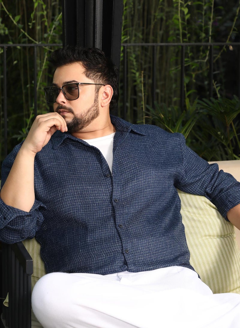 Instafab Plus Men Grid-Weave Jacquard Shirt | Spread Collar, Long Button-Cuff Sleeves | Button Closure, Curved Hem | Checks Jacquard | Woven Fabric For Plus Size Casual & Daily Wear | Indigo Blue - Image 1