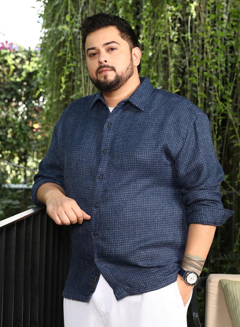 Instafab Plus Men Grid-Weave Jacquard Shirt | Spread Collar, Long Button-Cuff Sleeves | Button Closure, Curved Hem | Checks Jacquard | Woven Fabric For Plus Size Casual & Daily Wear | Indigo Blue - Image 3
