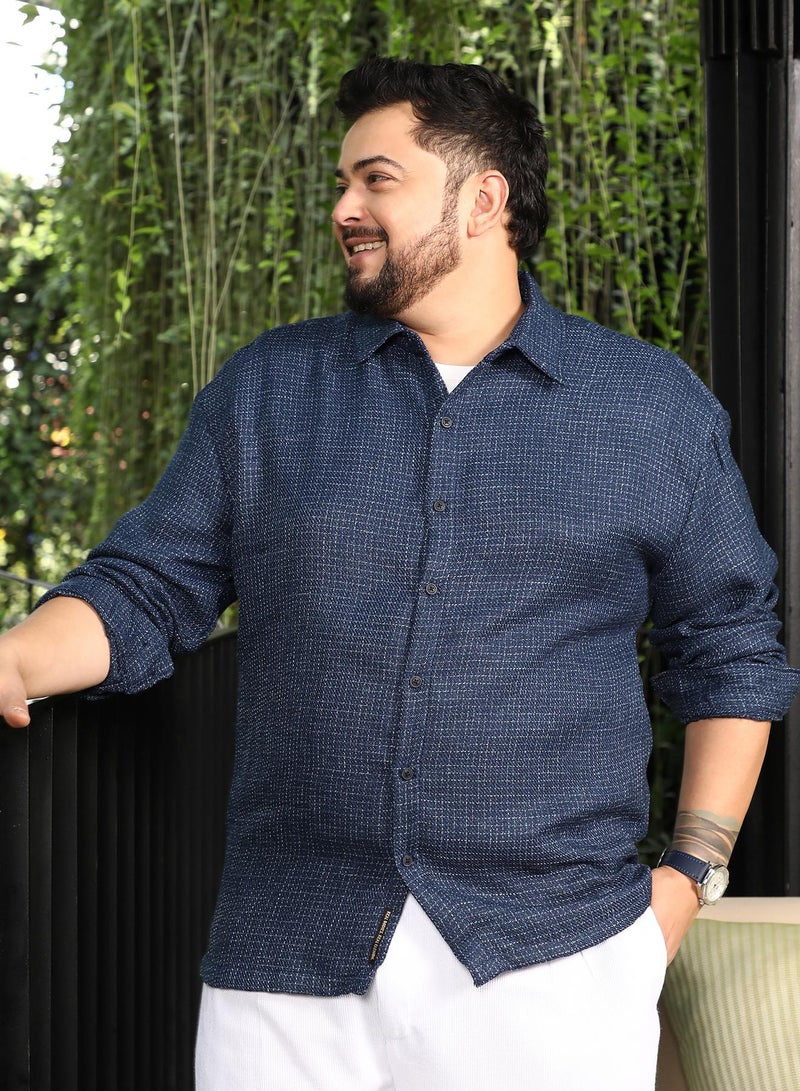 Instafab Plus Men Grid-Weave Jacquard Shirt | Spread Collar, Long Button-Cuff Sleeves | Button Closure, Curved Hem | Checks Jacquard | Woven Fabric For Plus Size Casual & Daily Wear | Indigo Blue - Image 2