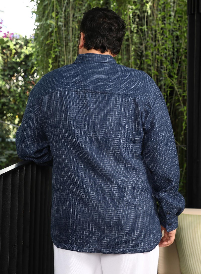 Instafab Plus Men Grid-Weave Jacquard Shirt | Spread Collar, Long Button-Cuff Sleeves | Button Closure, Curved Hem | Checks Jacquard | Woven Fabric For Plus Size Casual & Daily Wear | Indigo Blue - Image 5