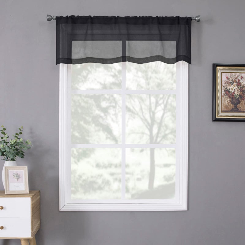 Tollpiz Tollpiz Sheer Valance Linen Textured Bedroom Valance Curtains Sheer Light Filtering Rod Pocket Voile Curtain Valances for Living Room  54 x 16 inches Long  Black  Set of 1 Panel 
