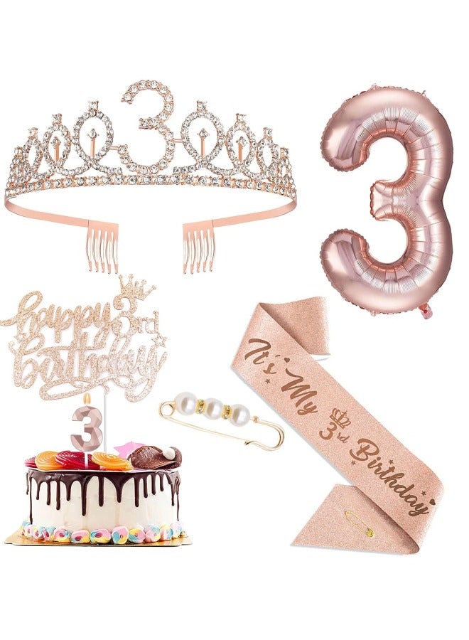 3rd Birthday Decorations for Girls, Including 3 year old Birthday Cake Topper, Birthday Queen Sash with Pearl Pin, Sweet Rhinestone Tiara Crown, Number Candles and Balloons Set, Rose Gold - Image 1