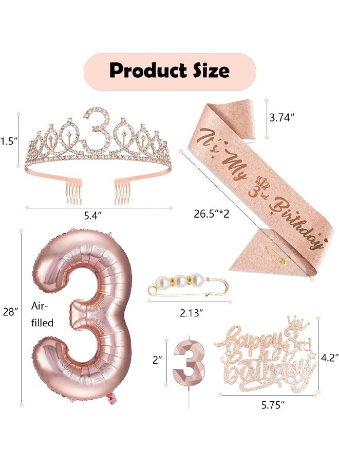 3rd Birthday Decorations for Girls, Including 3 year old Birthday Cake Topper, Birthday Queen Sash with Pearl Pin, Sweet Rhinestone Tiara Crown, Number Candles and Balloons Set, Rose Gold - Image 2