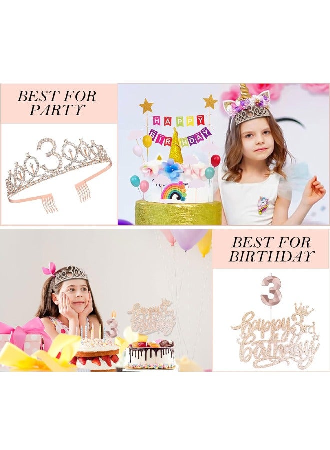 3rd Birthday Decorations for Girls, Including 3 year old Birthday Cake Topper, Birthday Queen Sash with Pearl Pin, Sweet Rhinestone Tiara Crown, Number Candles and Balloons Set, Rose Gold - Image 5
