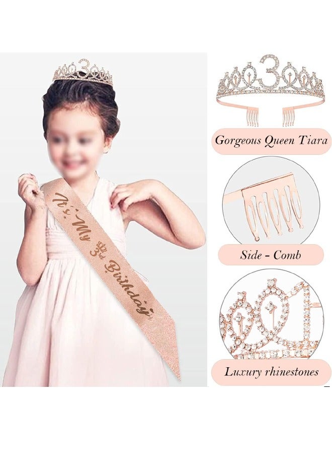 3rd Birthday Decorations for Girls, Including 3 year old Birthday Cake Topper, Birthday Queen Sash with Pearl Pin, Sweet Rhinestone Tiara Crown, Number Candles and Balloons Set, Rose Gold - Image 3