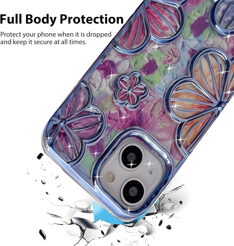 Mobistyle Designed for iPhone 14 Cover| Electroplating Bling Colourful Floral 3D TPU Camera Protection Back Cover Case for Women Girls (Blue) - Image 2