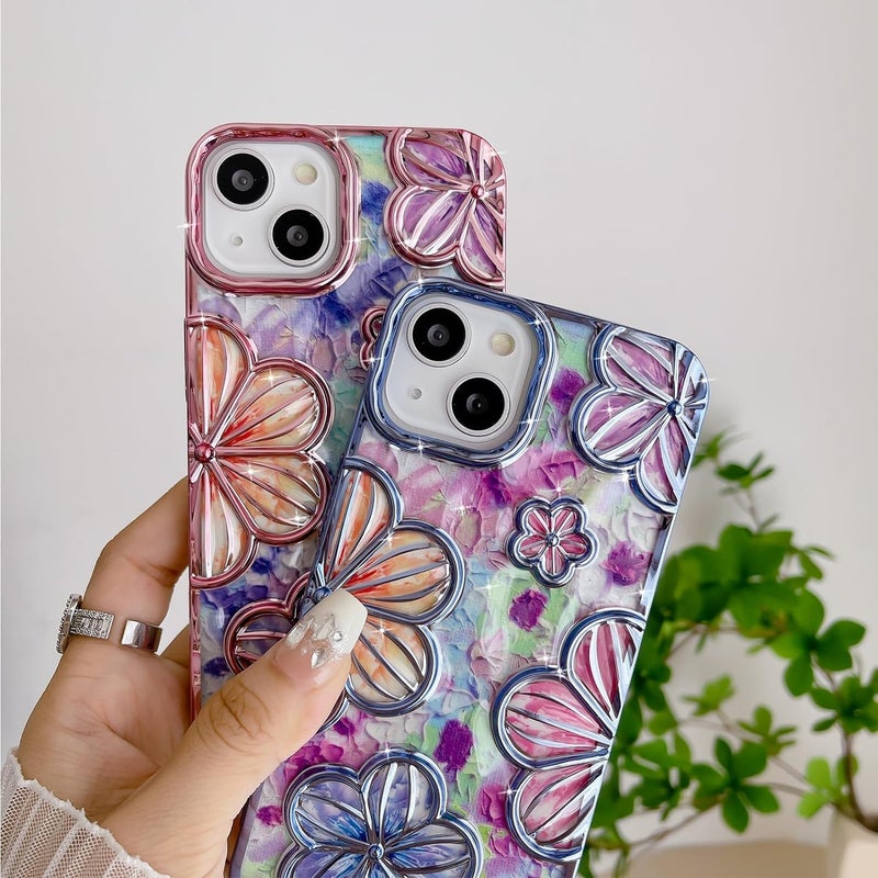 Mobistyle Designed for iPhone 14 Cover| Electroplating Bling Colourful Floral 3D TPU Camera Protection Back Cover Case for Women Girls (Blue) - Image 5