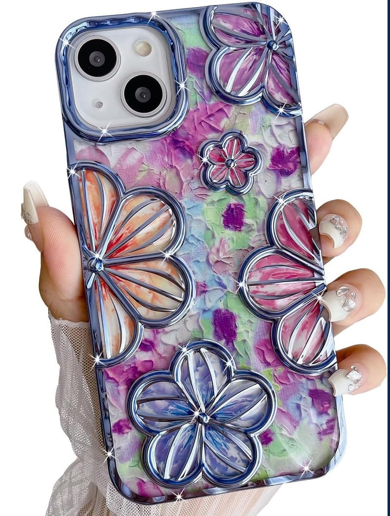 Mobistyle Designed for iPhone 14 Cover| Electroplating Bling Colourful Floral 3D TPU Camera Protection Back Cover Case for Women Girls (Blue) - Image 1