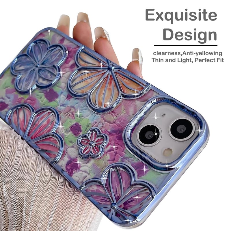 Mobistyle Designed for iPhone 14 Cover| Electroplating Bling Colourful Floral 3D TPU Camera Protection Back Cover Case for Women Girls (Blue) - Image 3