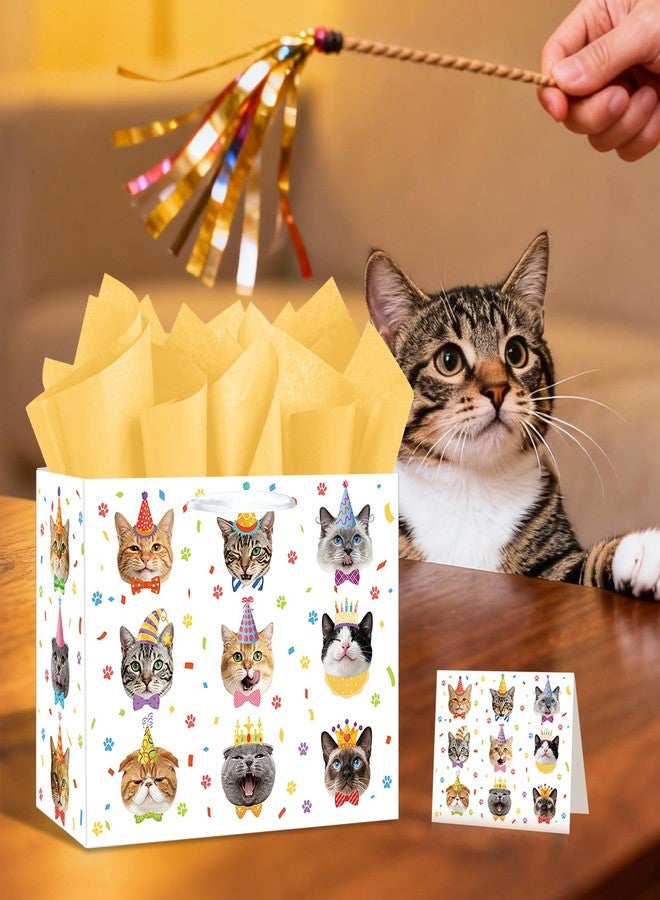 LUUFILx Cat Birthday Gift Bag Funny Cat Birthday Decorations Colorful Cats Wrapping Paper Bag with Card Tissue Paper for Boys Girls Women Baby Shower Meow Paw Bday Party Favors Supplies Pet Theme Gift Wrap - Image 4