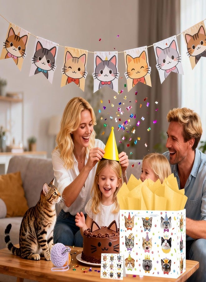 LUUFILx Cat Birthday Gift Bag Funny Cat Birthday Decorations Colorful Cats Wrapping Paper Bag with Card Tissue Paper for Boys Girls Women Baby Shower Meow Paw Bday Party Favors Supplies Pet Theme Gift Wrap - Image 3