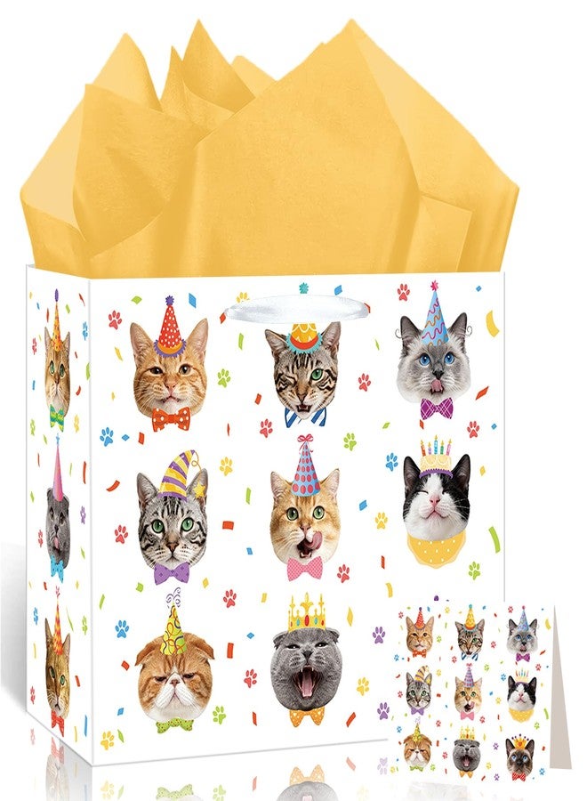 LUUFILx Cat Birthday Gift Bag Funny Cat Birthday Decorations Colorful Cats Wrapping Paper Bag with Card Tissue Paper for Boys Girls Women Baby Shower Meow Paw Bday Party Favors Supplies Pet Theme Gift Wrap - Image 1