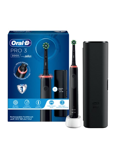 Oral-B Pro 3 Rechargeable Electric Toothbrush Set, Black, 3D Action Deep Clean, Visible Pressure Sensor, with Personalized Cleaning Modes, Travel Case Included, 1 Set