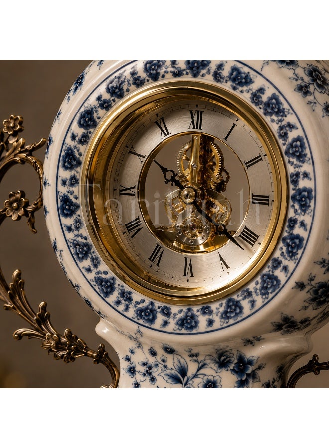 Luxury Blue and White Floral Porcelain Mantel Clock with Skeleton Dial, 38cm High - Image 4