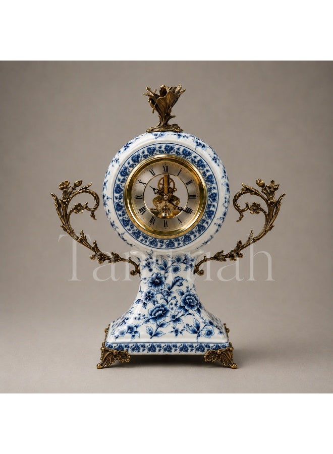 Luxury Blue and White Floral Porcelain Mantel Clock with Skeleton Dial, 38cm High - Image 1