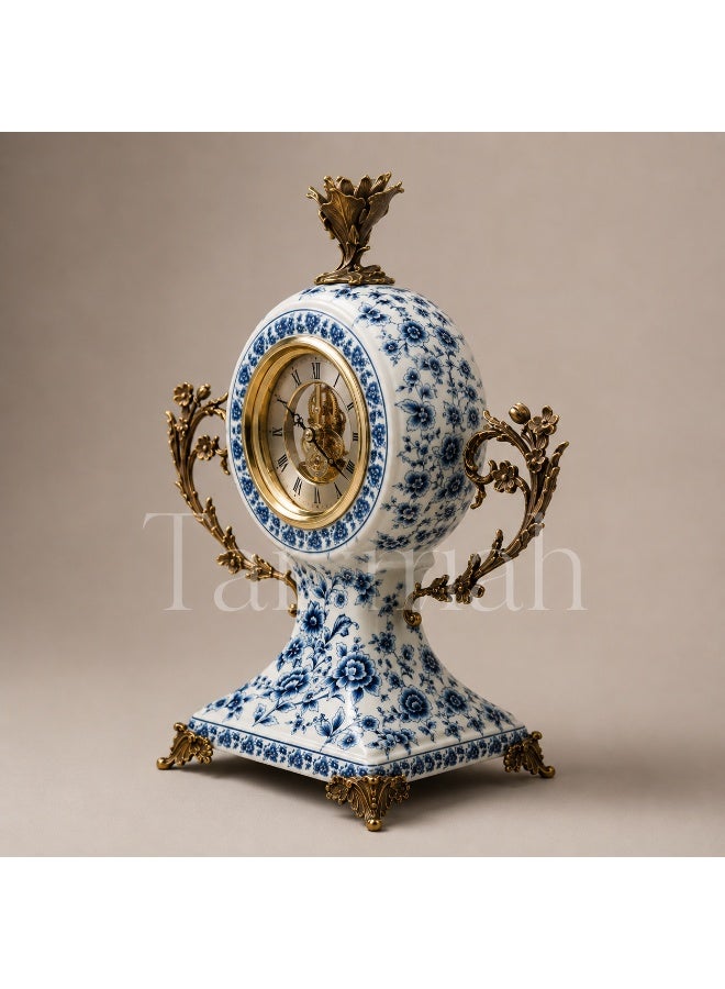 Luxury Blue and White Floral Porcelain Mantel Clock with Skeleton Dial, 38cm High - Image 5