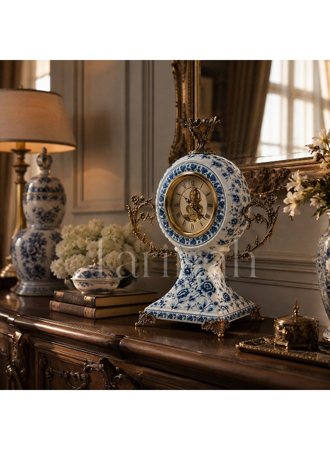 Luxury Blue and White Floral Porcelain Mantel Clock with Skeleton Dial, 38cm High - Image 2