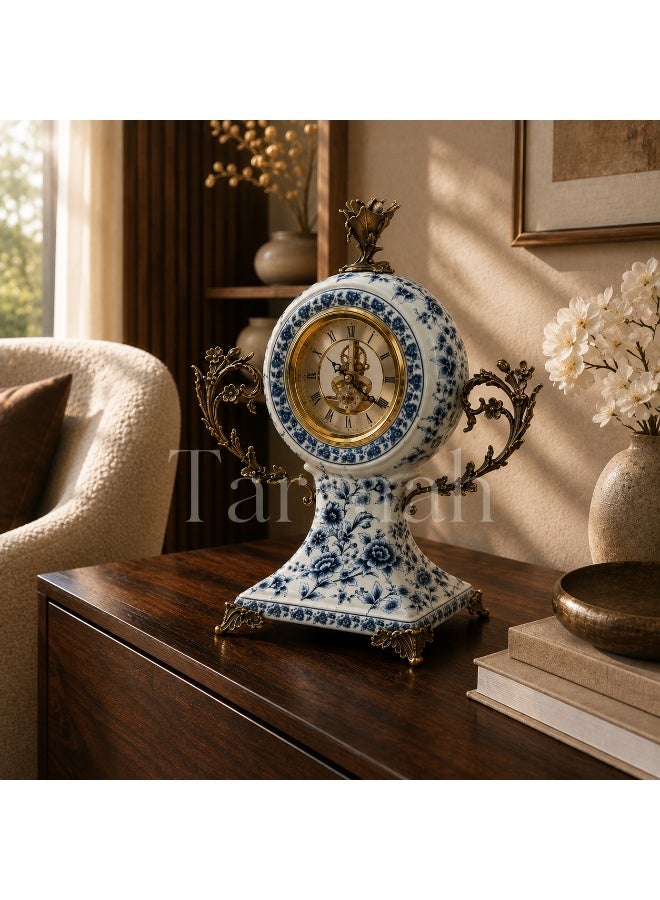 Luxury Blue and White Floral Porcelain Mantel Clock with Skeleton Dial, 38cm High - Image 3