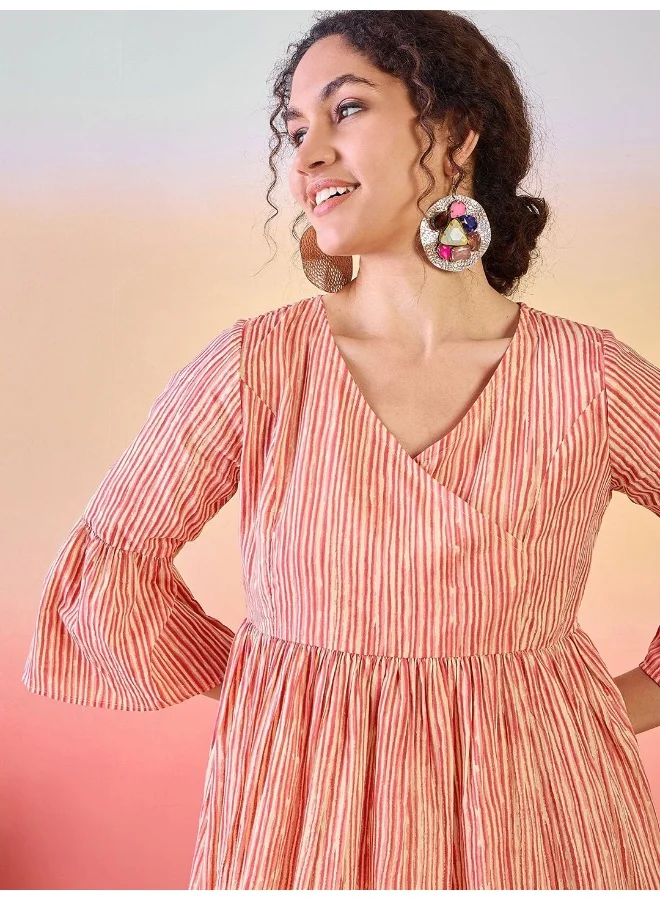 أيه كيه إس Striped V-Neck Bell Sleeves Cotton Tunic
