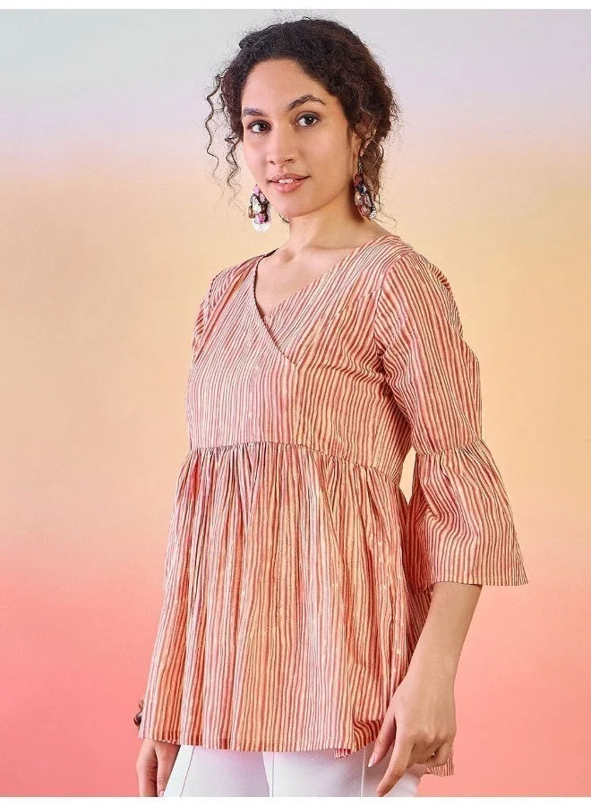 AKS Striped V-Neck Bell Sleeves Cotton Tunic