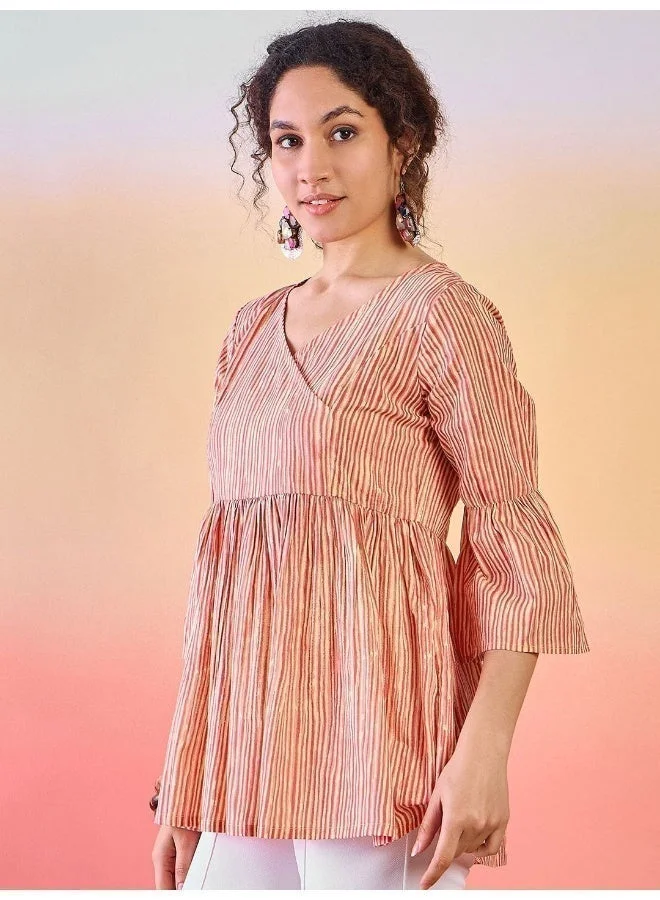 AKS Striped V-Neck Bell Sleeves Cotton Tunic