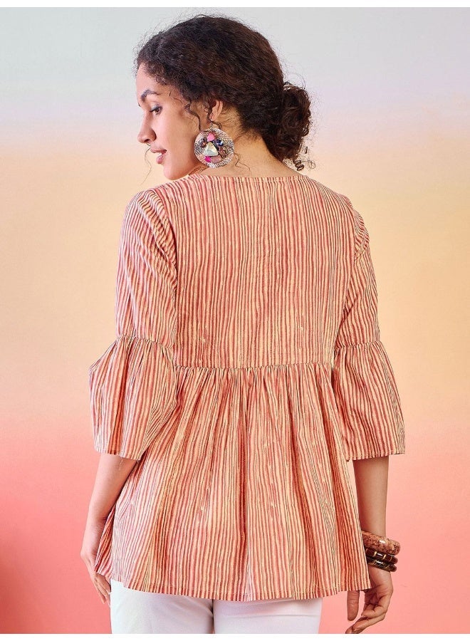 AKS Striped V-Neck Bell Sleeves Cotton Tunic - Image 4