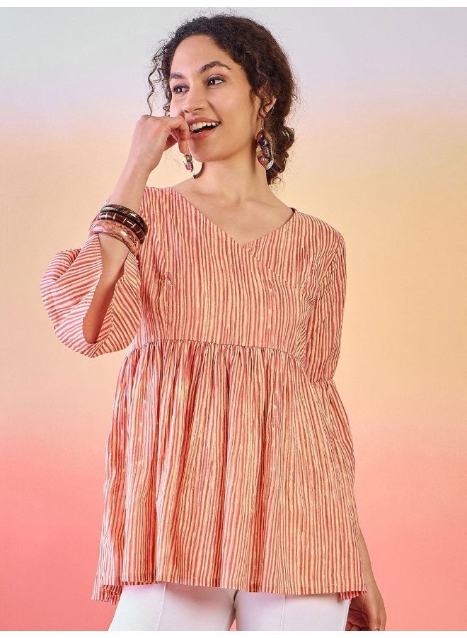 AKS Striped V-Neck Bell Sleeves Cotton Tunic - Image 2