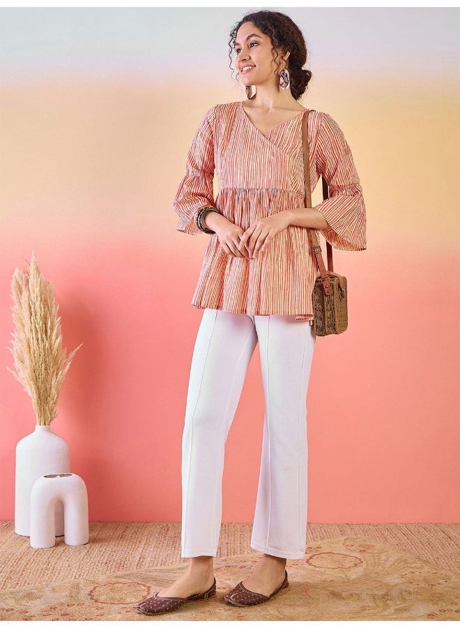AKS Striped V-Neck Bell Sleeves Cotton Tunic - Image 3