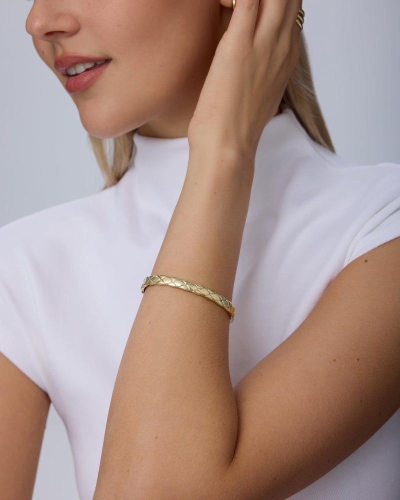 PAVOI Waterproof Bangle Bracelets for Women - 14K Yellow Gold Plated Quilted Bangle Stack - Stainless Steel Dainty Yellow Gold Bracelet Dupe - Love Friendship Trendy Summer Fashion Jewelry - Yellow Gold - 7" - Image 4