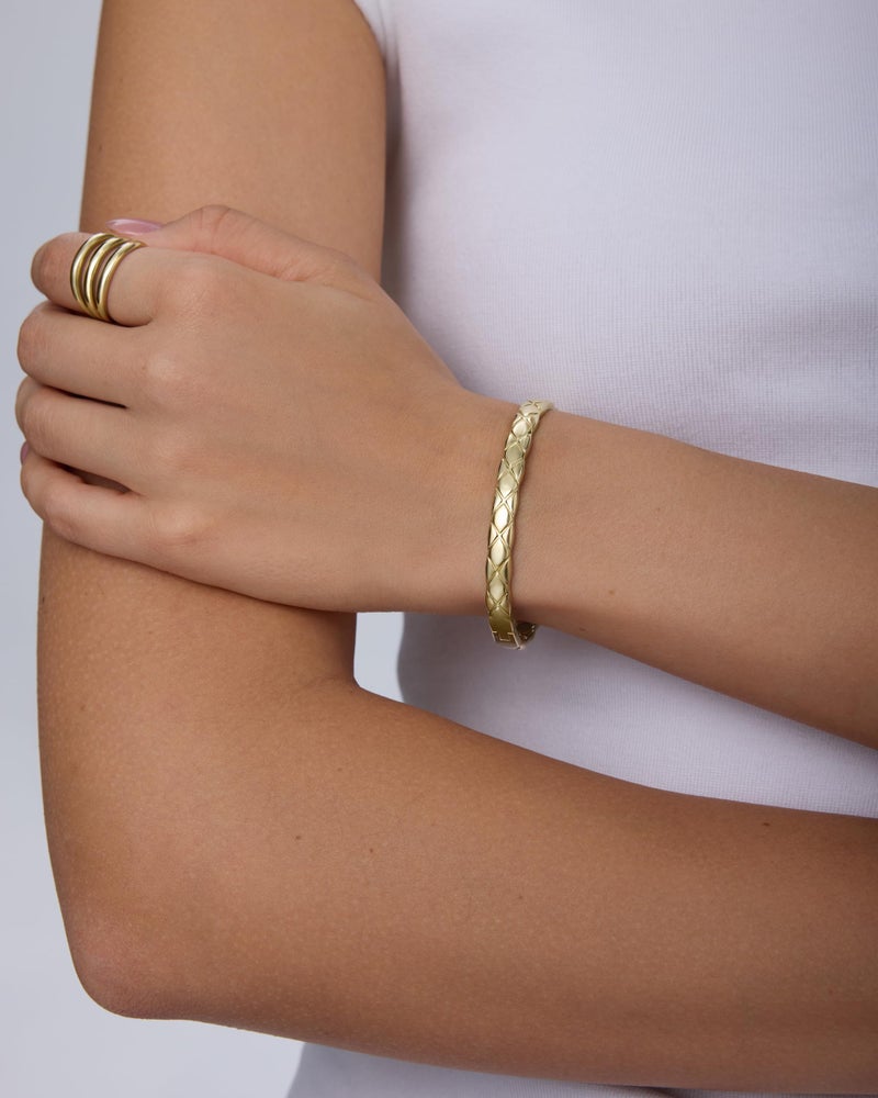PAVOI Waterproof Bangle Bracelets for Women - 14K Yellow Gold Plated Quilted Bangle Stack - Stainless Steel Dainty Yellow Gold Bracelet Dupe - Love Friendship Trendy Summer Fashion Jewelry - Yellow Gold - 7" - Image 2