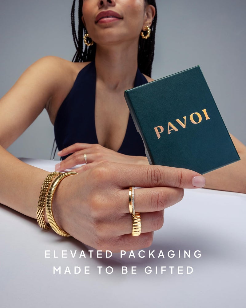 PAVOI Waterproof Bangle Bracelets for Women - 14K Yellow Gold Plated Quilted Bangle Stack - Stainless Steel Dainty Yellow Gold Bracelet Dupe - Love Friendship Trendy Summer Fashion Jewelry - Yellow Gold - 7" - Image 5