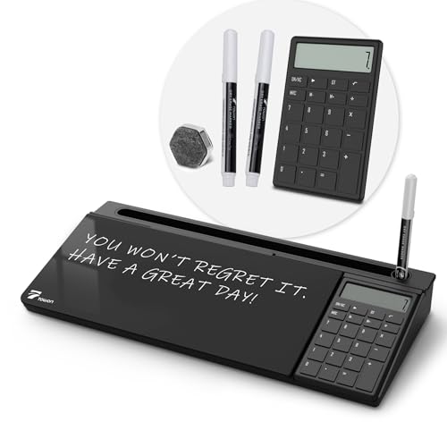 TOWON Desktop Glass Whiteboard with Basic Calculator, 12 Digit LCD Display, Desk Organizers with Accessories for Office, Home, School Supplies, Storage with Dry Erase Board Surface, Black, 17'' x 6'' - Image 1