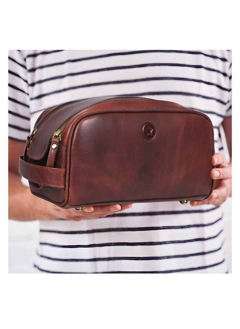 AARON LEATHER GOODS VENDIMIA ESTILO 10" Premium Leather Toiletry Travel Pouch With Waterproof Lining | King-Size Handcrafted Vintage Dopp - Kit By Aaron Leather Goods (Dark Brown)  - Image 4